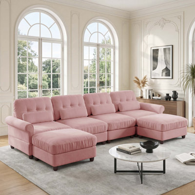 Canapé d'angle modulaire en forme de U avec poufs, coussin d'assise à bord froncé, accoudoirs arrondis et coussins de soutien lombaire, assise profonde et confortable pour le salon.