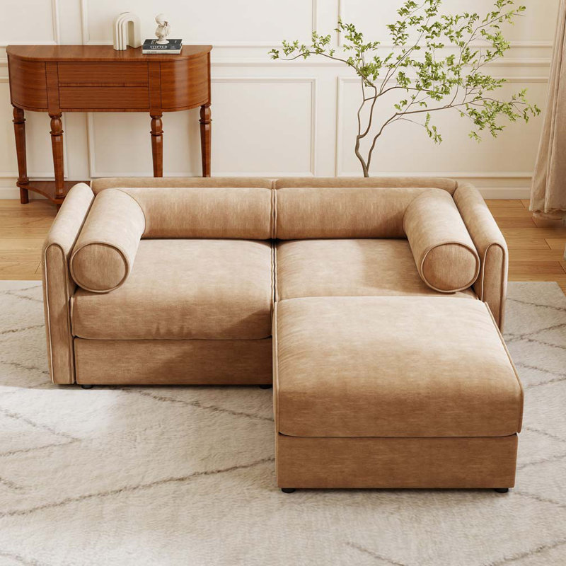 Canapé en chenille avec repose-pieds en tissu, H 27,9 po x l 75,5 po x P 37,4 po, 2, Chameau
