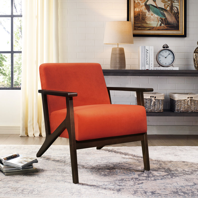 Chaise d'appoint transitionnelle en bois massif en velours orange, assise moderne de 22 po de largeur: structure en noyer foncé, dossier en velours