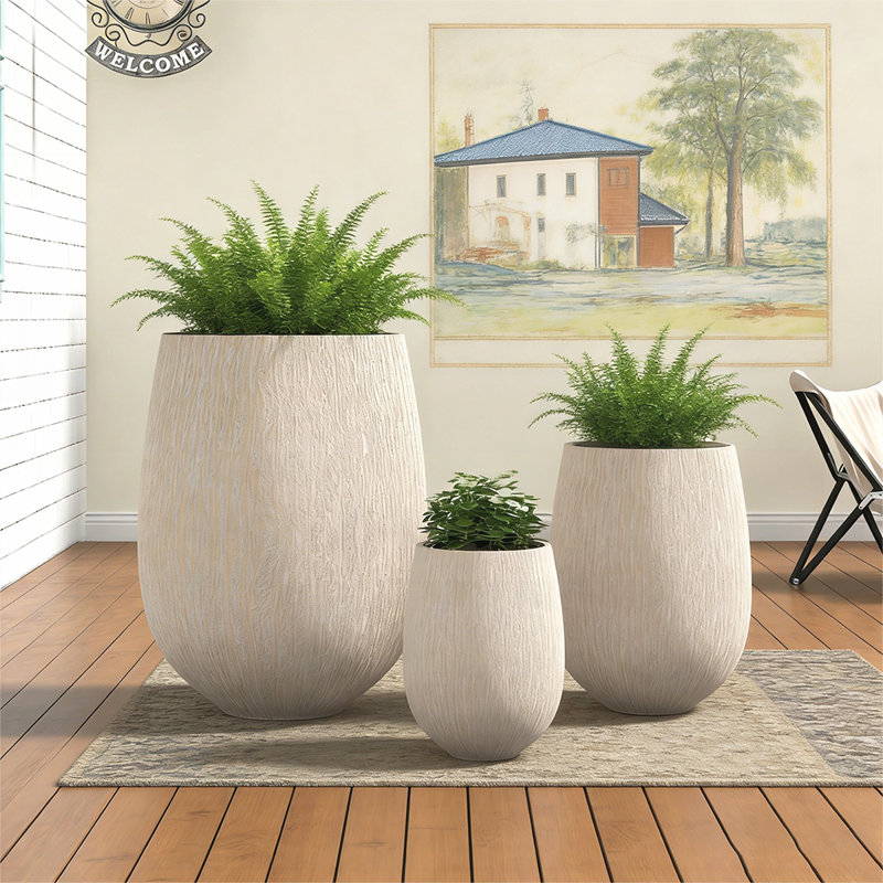 Egg-Shaped Lightweight MGO Outdoor Planter Set of 3, Modern Stone-Look Textured Flower Pots with Drainage Holes and Rubber Plug, Suitable for Patio