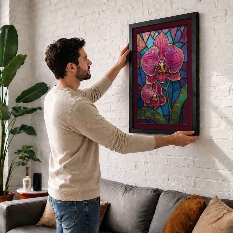 Stained Glass Orchids Botanical - Framed Print, A3 - 42.0 x 29.7 cm, White