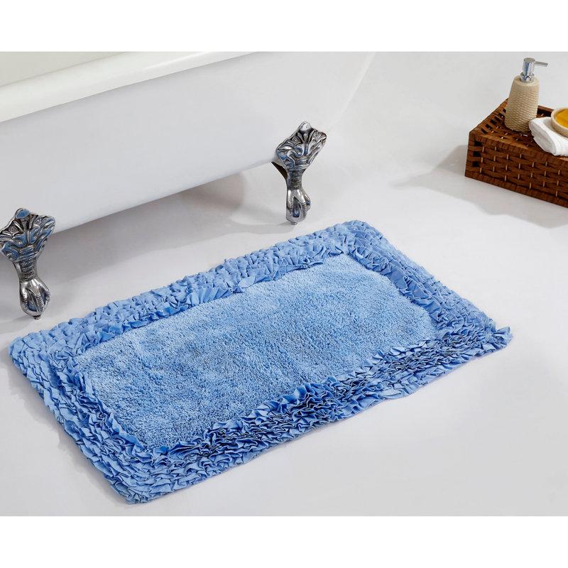 Aveliss 100% Cotton Tufted Bath Rug, Ultra Soft & Absorbent, Spray Latex Backing, Luxurious Ruffle Border, 21" x 34" Rectangle, Blue