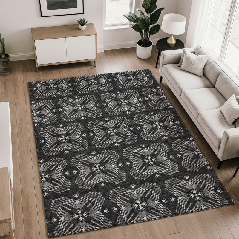 Tapis géométrique Premium lavable à la machine Villers, Black, 3' x 5'