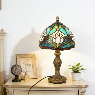 Lampe de table vintage en verre teinté vert avec base en résine bronze