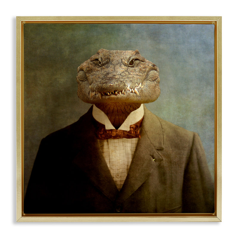 «Alligator in Business suit Grain Floater», art mural sur toile par Martine Roch, Cadre flottant métallique doré