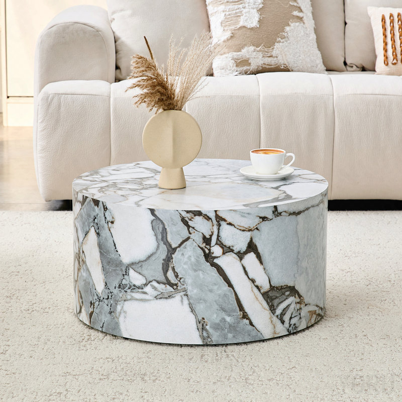 Table basse cylindrique simple en marbre blanc texturé - 23,6 po de diamètre x 11,8 po de hauteur, matériau en bois aggloméré pour salon industriel ou minimaliste