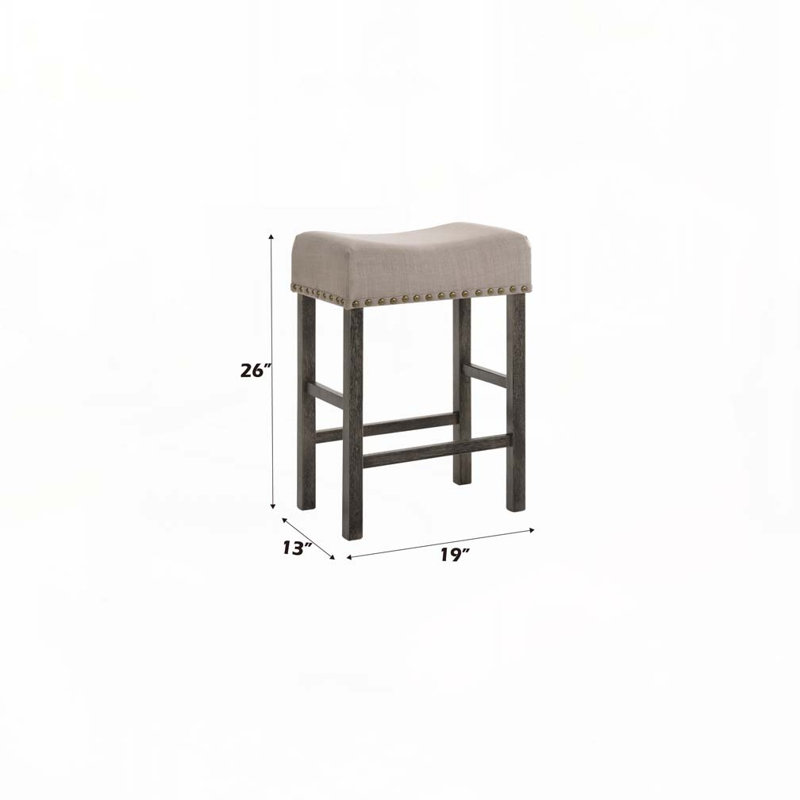 Linen Upholstered Bar Stools Set with No Back and Nailed Head, Gray