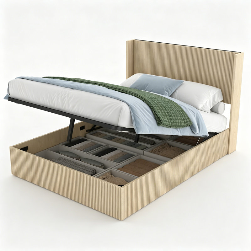 Lift-Storage Platform Bed With Gas Lift, Wooden Slatted Frame, Rustic Brown Finish, No Box Spring Required, Noise-Free, Natural Wood Texture