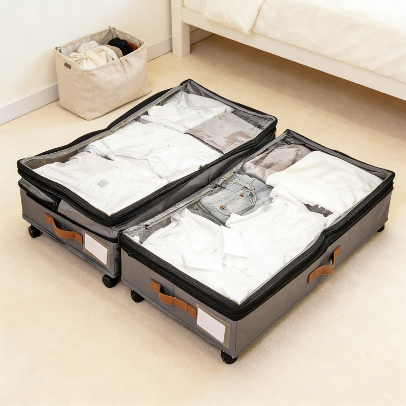 Expandable Under Bed Storage Bins With Wheels And Lid, 2-Pack Large Low-Profile Organizer With Dividers For Clothes, Shoes, Toys, And Seasonal Items