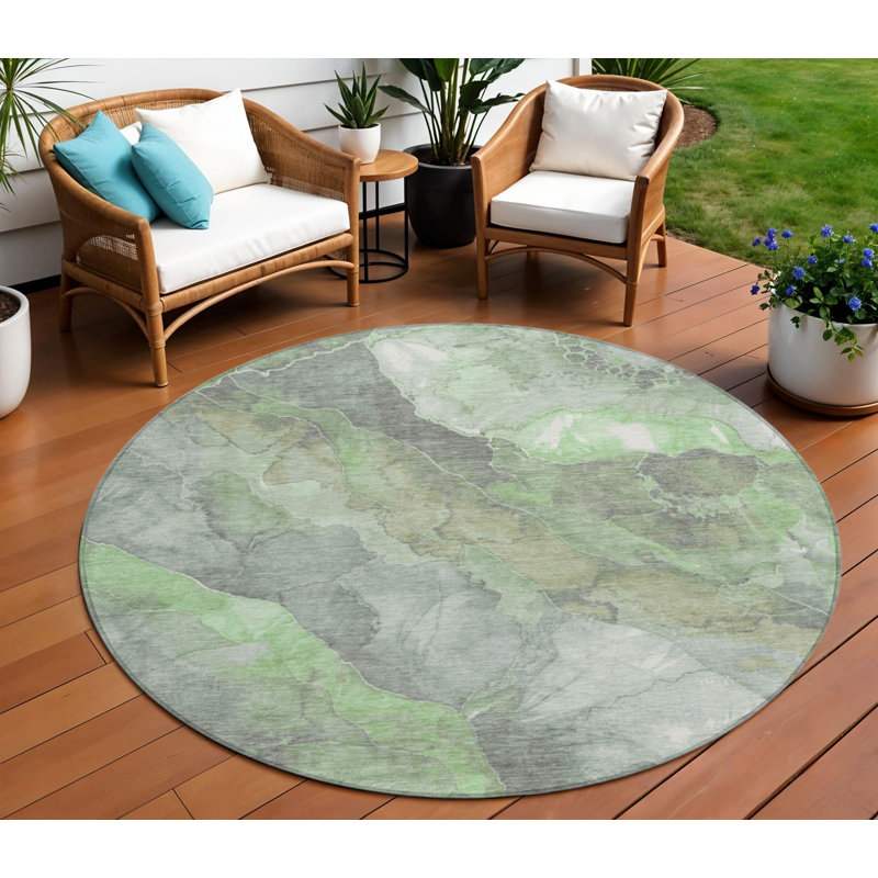 Tapis rond à motifs floraux verts et gris de 2,44 m (8 pi), lavable, pour intérieur et extérieur