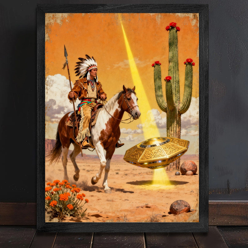 OVNI rétro encadré noir, impression de cadre fantaisiste Western Western, H 37 po x l 25 po