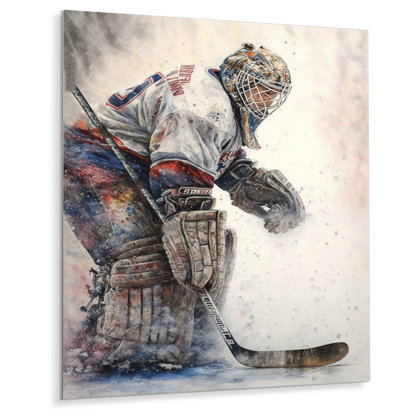 Gardien de but pendant le match de hockey II - Décoration murale moderne en métal, H 40 po x l 30 po x P 1 po