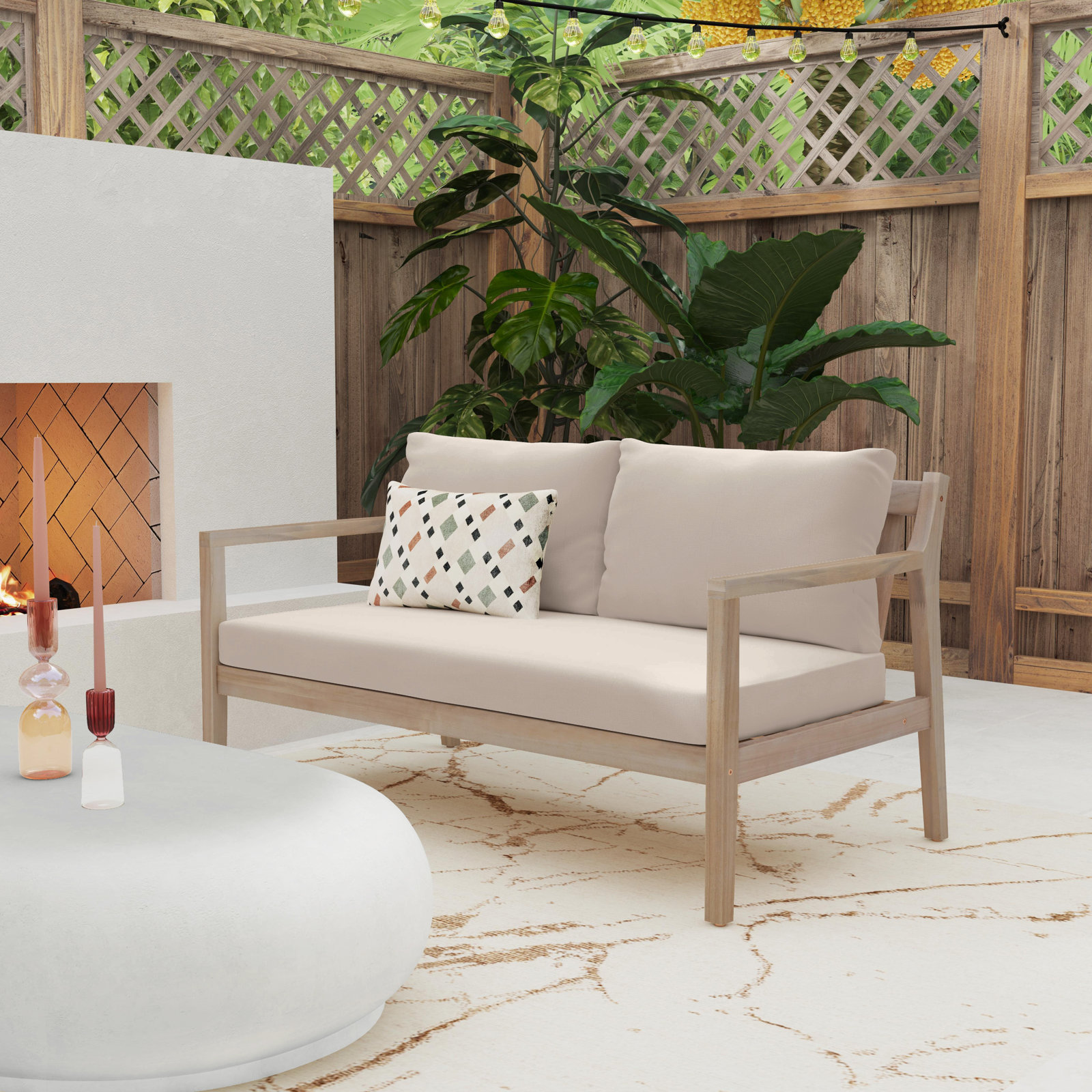 Amina 58" Acacia Patio Loveseat, Beige Performance Olefin