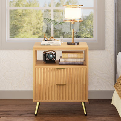 Mid-Century Modern 2-Drawer 23" Tall Nightstand with Open Cubby, Fluted Cute Bedside Table with Open Shelf, Storage End Table For Bedroom, Living Room, Sofa and Office