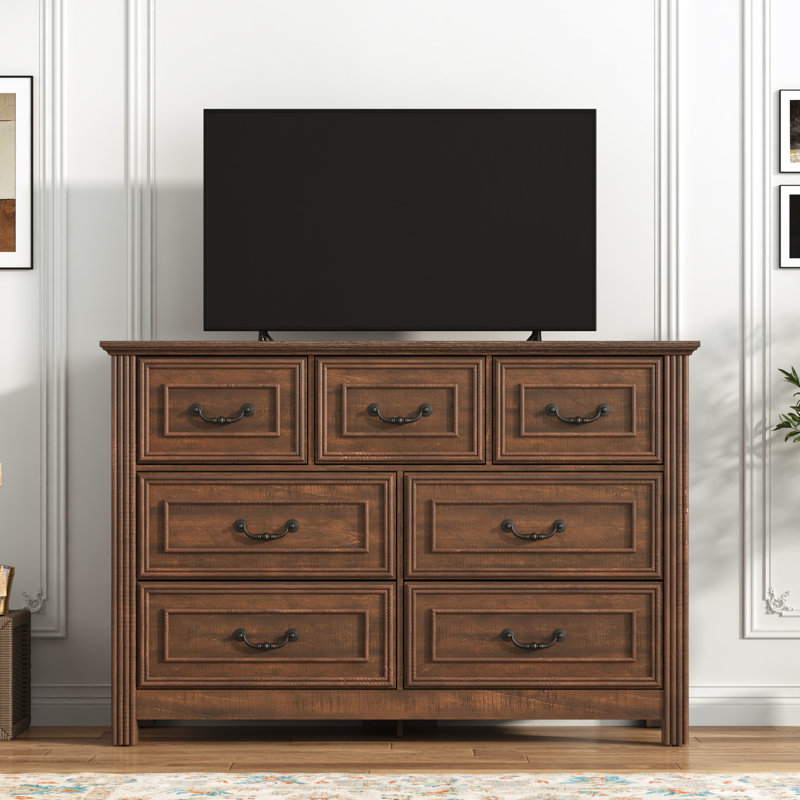 Farmhouse 7-Drawer Dresser With Vintage Details, Rustic Wood Storage Chest For Bedroom, Living Room Or Hallway, Brown