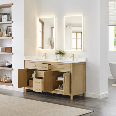 Meuble-lavabo double autoportant de 66 po avec plateau en quartz Beckett