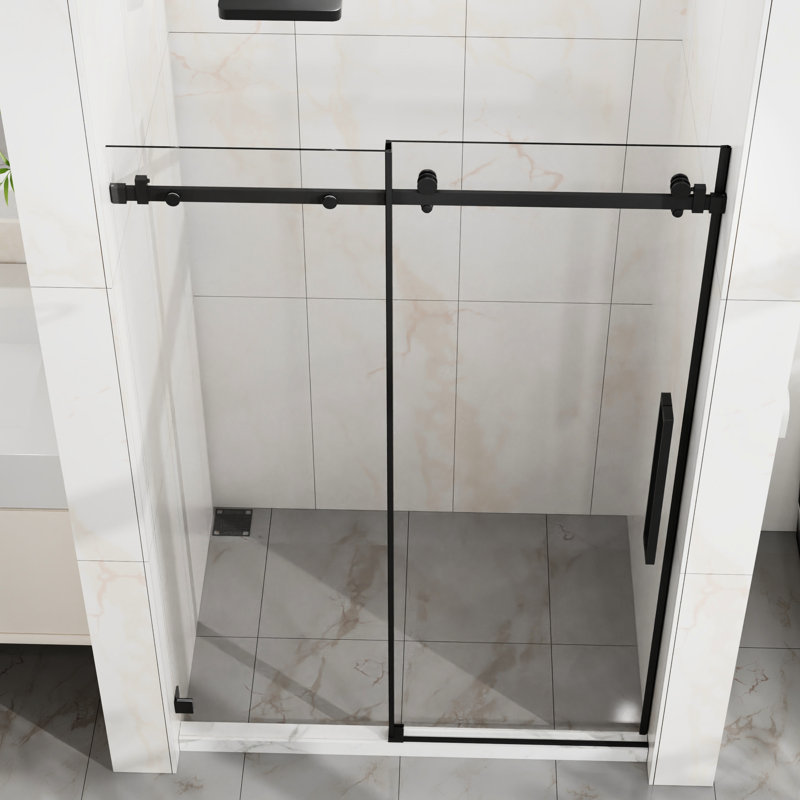 Porte de douche coulissante en verre trempé de 6 mm, l 48 po, conception réversible, technologie anti-éclaboussures pour verre de salle de bain noir mat 1/4 po (6 mm) et lisse