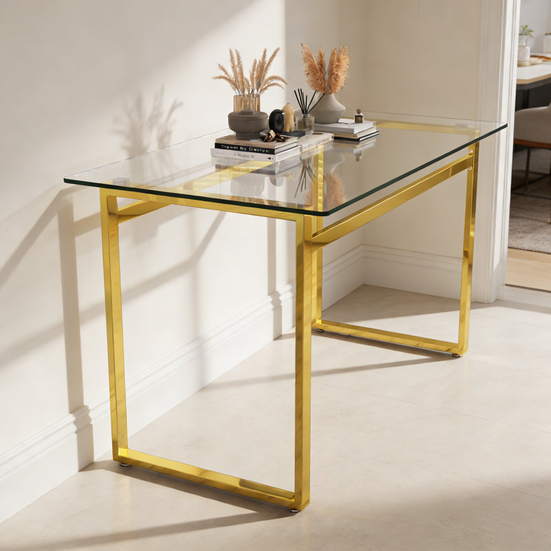 51" Modern Minimalist Rectangular Glass Dining Table for 4-6 with 0.31" Tempered Glass Tabletop and Metal Legs, Gold
