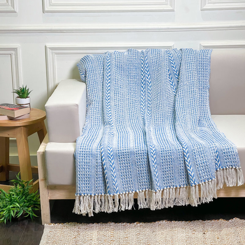 Sky Blue and White Braided Waffle Weave Cotton Throw Blanket