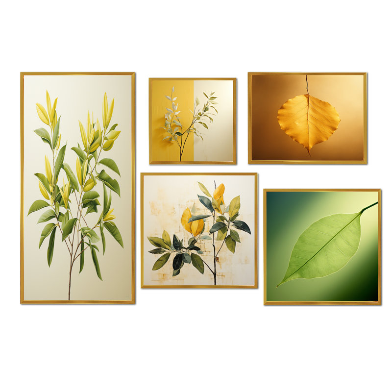 Feuilles vertes en minimalisme I - ensemble de 5 impressions sur feuilles, Cadre flottant doré