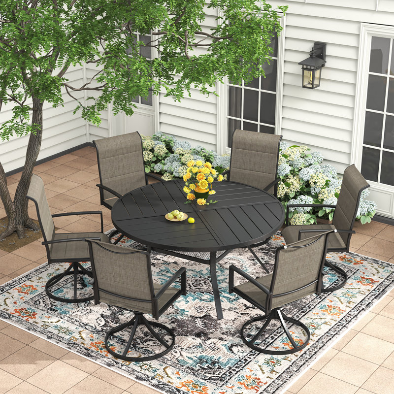 6-Person Outdoor Patio Dining Set With Swivel Chair, Black/Brown