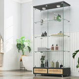 Modern Glass Display Cabinet With 4 Tempered Glass Bookshelf,natural
