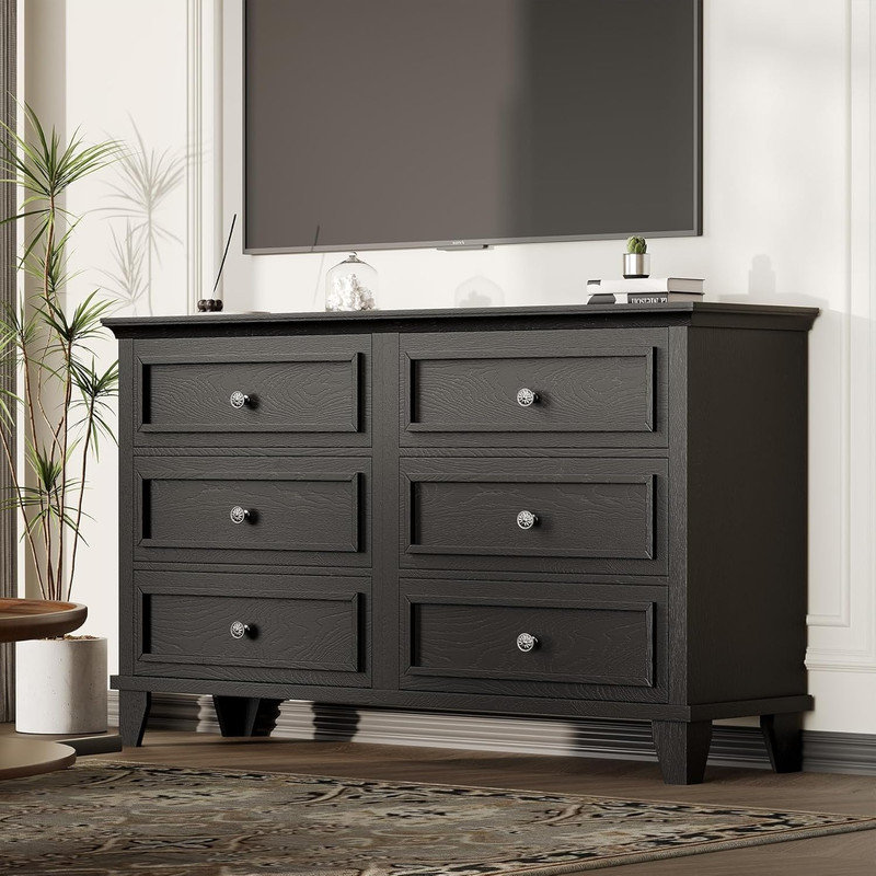 Farmhouse 6-Drawer Dresser 47" Wide, Double Dresser TV Stand with Vintage Handles for Bedroom & Living Room, Black