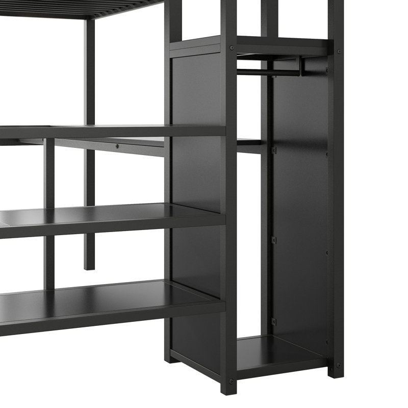 Full Metal Loft Bed With Desk, Small Wardrobe& LED Storage, Black