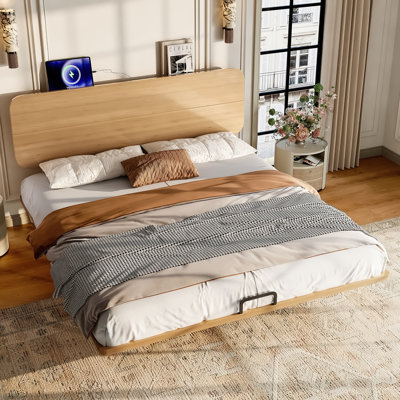 King Size Natural Solid Bamboo Floating Platform Bed With Headboard & Built-In Usb/Type-C Ports, No Box Spring Needed, Support Slats For Bedroom & Guest Rooms