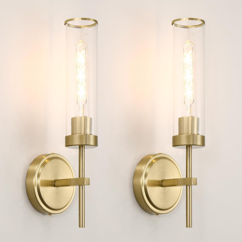 Modern Wall Sconces Set Of Two, Reversible Mounting Vanity Light Fixtures With Clear Glass Shade, Elegant Brass Gold Indoor Lighting For Bathroom, Living Room, Bedroom, And Corridor