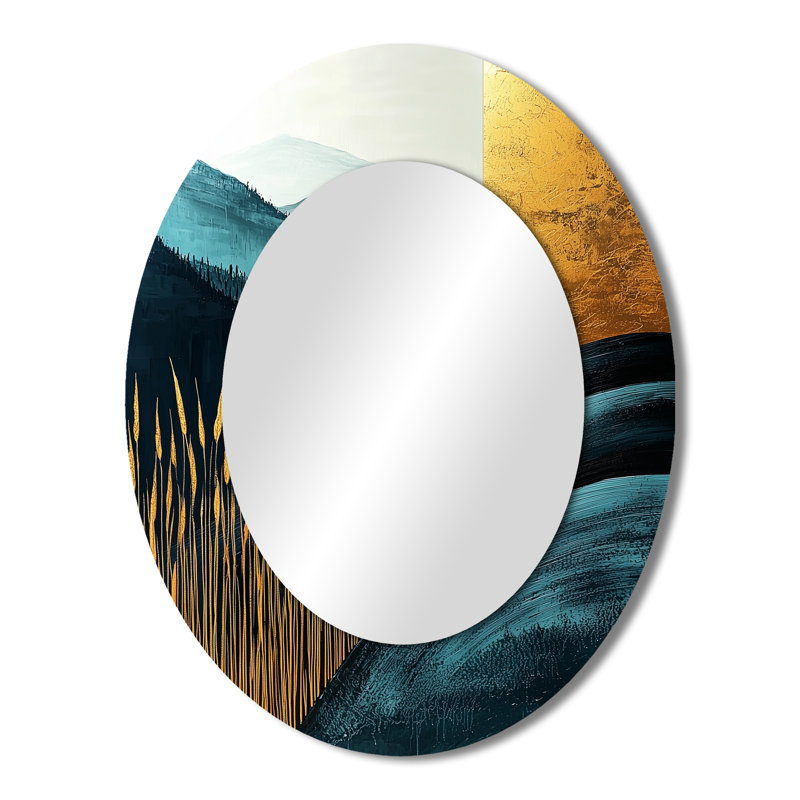 Quiet Bold Mountain In Emerald Gold Harmony III - Gold Oval Wall Mirror Decor, 43" x 33"