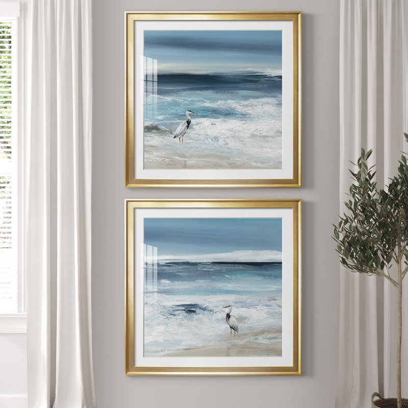 «Tidal Fishing I», ensemble de 2 reproductions d'art, Blanc, Papier encadré doré, H 34,5 po x l 69 po x P 1,5 po