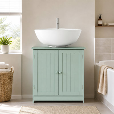 Meuble-lavabo vert foncé sous lavabo avec deux portes et tablette réglable (sans lavabo).