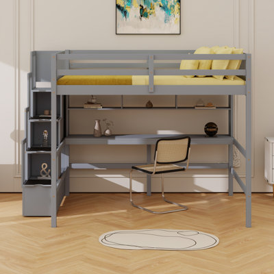 Loft Bed With Desk, Storage Shelves And Staircase