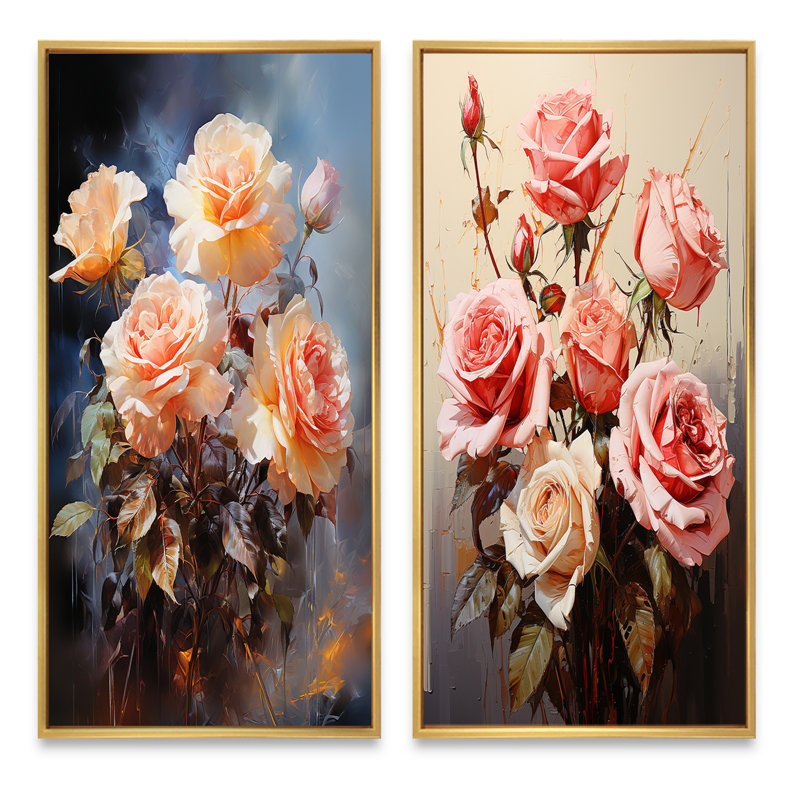 "Bouquet de roses ravissantes" - 2 pièces, Encadrement doré, H 24 po x l 20 po