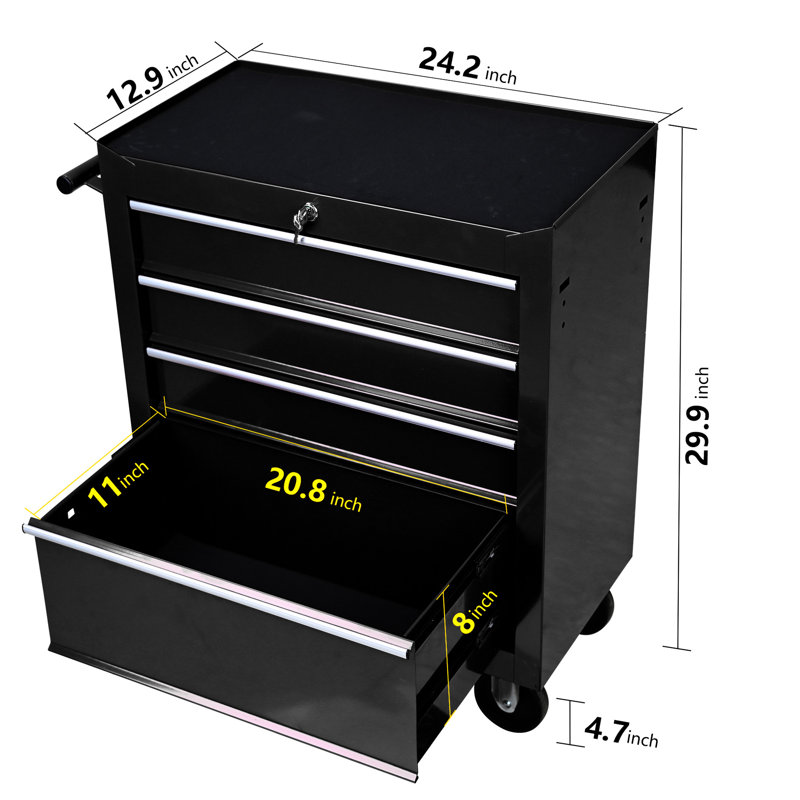 4 Drawer Rolling Tool Box With Locking System - Garage Workshop Storage Cart Lock Strong In Black