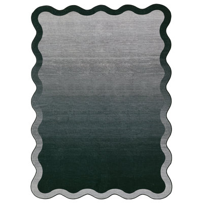 Washable Scalloped Ombre Area Rug 8x10ft Low Pile Non-Slip Carpet for Living Room Bedroom Nursery Dining Room Home Decor Black 8x10ft