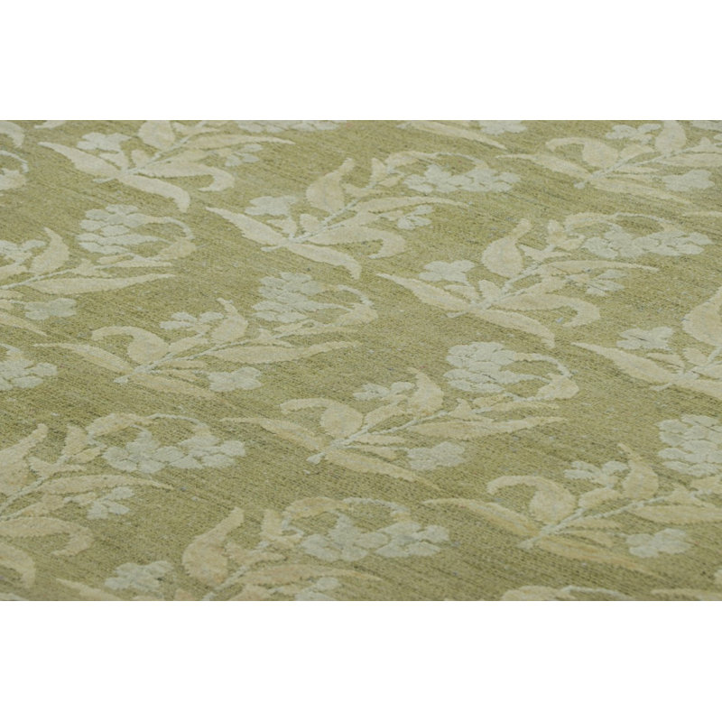 Rug & Kilim’S Block Print Custom Rug Design In Green With Cream Floral Patterns, Rectangle 12' x 18'