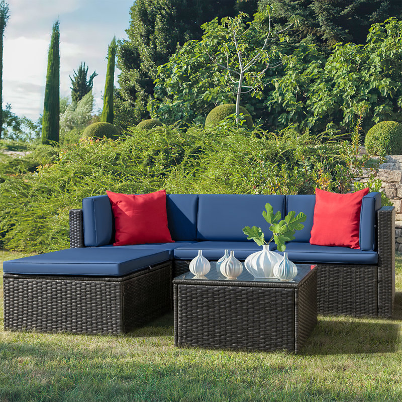 Ensemble de conversation modulaire avec coussins 5 pièces Anito, Structure noire / Coussin bleu
