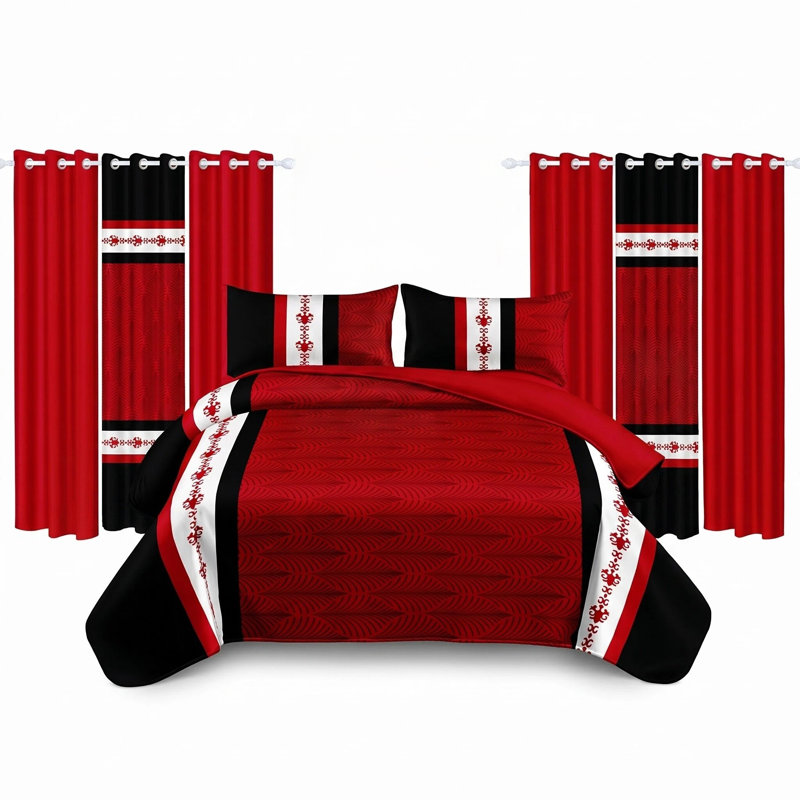 California King Size 9-Piece Modern Red & Black Geometric Complete Bed in a Bag: Water Repellent Quilted Bedspread, 2 Shams, and 6-Panel Light Filtering Grommet Curtains - Transitional Coverlet Set