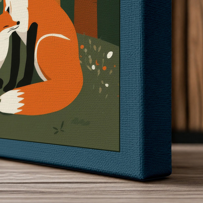 Fox and Kit in Winter Woods Mid-Century 1 Piece Wrapped Canvas Wall Art, 36x24 - 91.4 x 61.0 cm, Teal Border