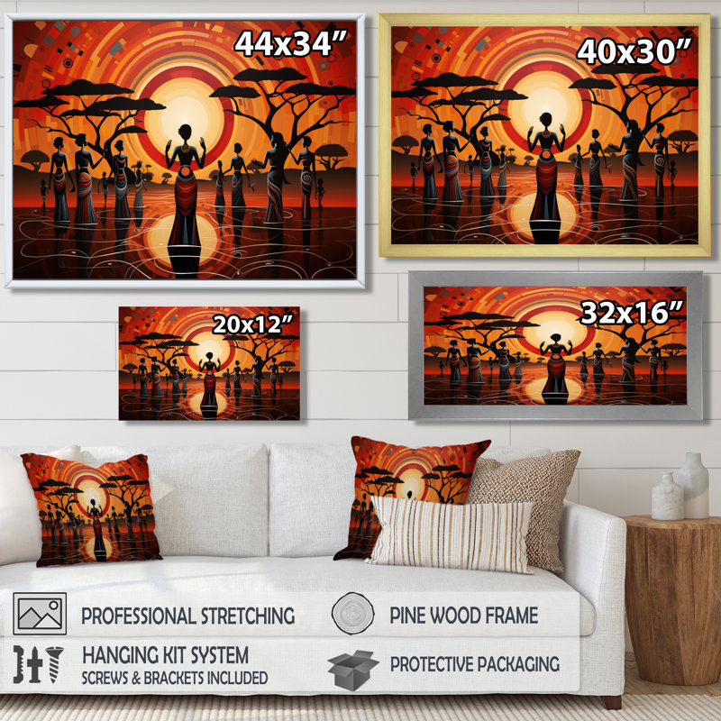Célébration sacrée de la pleine lune tribale - art mural africain, salon, Toile avec cadre flottant brun