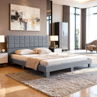 Structure de très grand lit plateforme, tête de lit tapissier capitonnée avec support en lattes de bois massif, hauteur réglable: 39,57 po x 43,5 po, gris clair