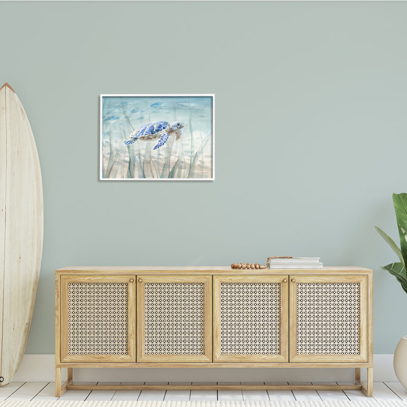Baby Sea Turtle Blue Speckled Aquatic Animal Ocean Oversized White Framed Giclee Texturized Art by Danhui Nai, 24" H x 30" W