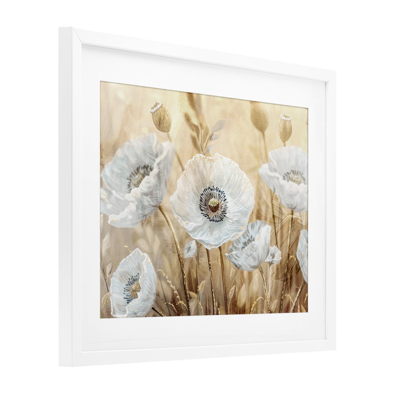 «White Poppies Beige Field», reproduction encadrée sous verre, conception de Kim Allen, H 17 po x l 21 po