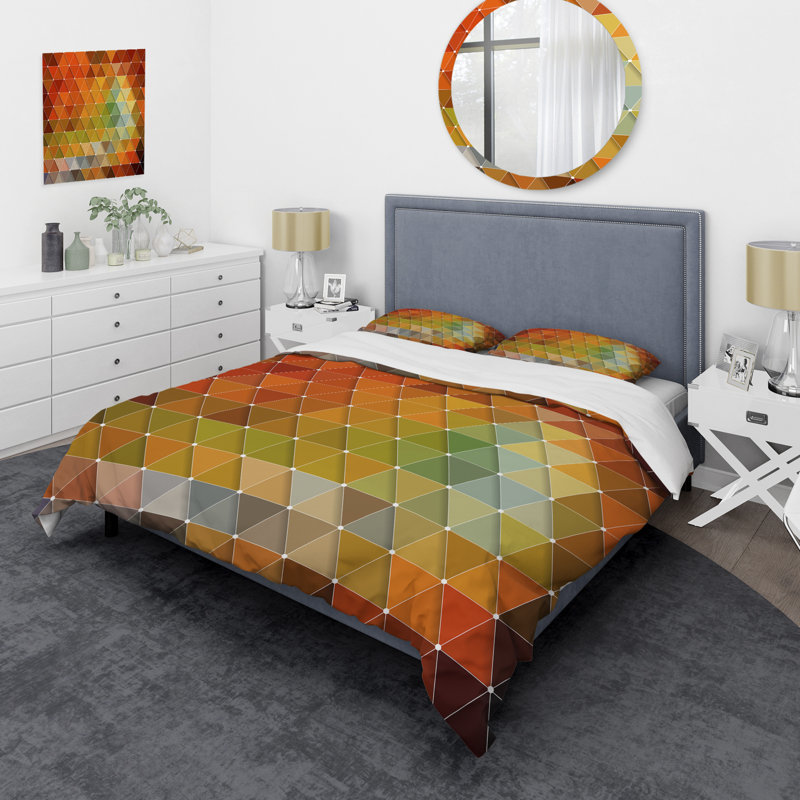 Ensemble de housse de couette à géométrie triangulaire designart, Housse simple + 1 taie décorative, Mehron / vert