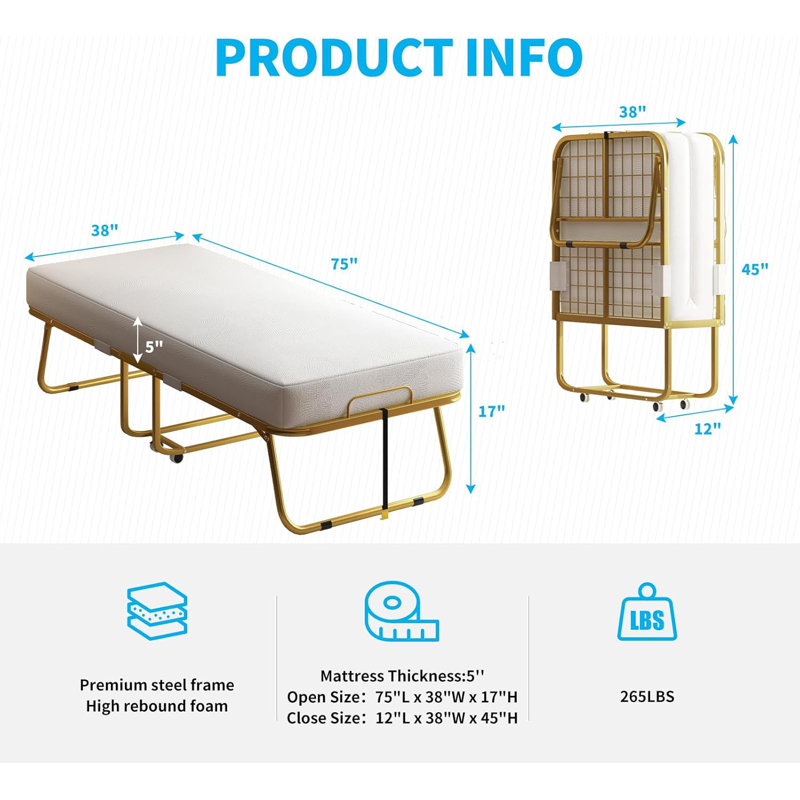 Mercer41 Folding Bed With 5 Inch Memory Foam Mattress, Single Rollaway Bed For Guests, Space Saving Portable Bed With Lockable Wheels, Easy Assembly & Moving