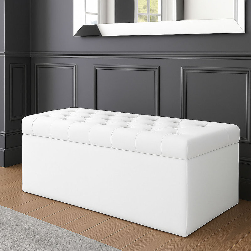 SD Plush Velvet Chesterfield Upholstered Ottoman Storage Box, White, 43cm H x 120cm W x 40cm D