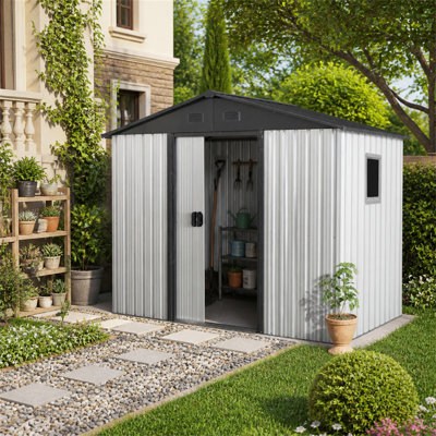 8Ft X 4Ft Outdoor Metal Storage Shed With Window And Metal Foundation For Backyard