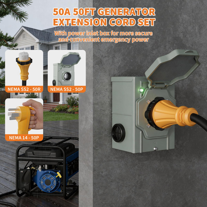 50 Amp Heavy Duty Generator Cord & Power Inlet Box Kit, 15FT/25FT NEMA 14-50P to SS2-50R, STW 6/3+8/1 AWG, 125/250V Twist Lock, ETL Listed, Emergency Home Backup Power Cable